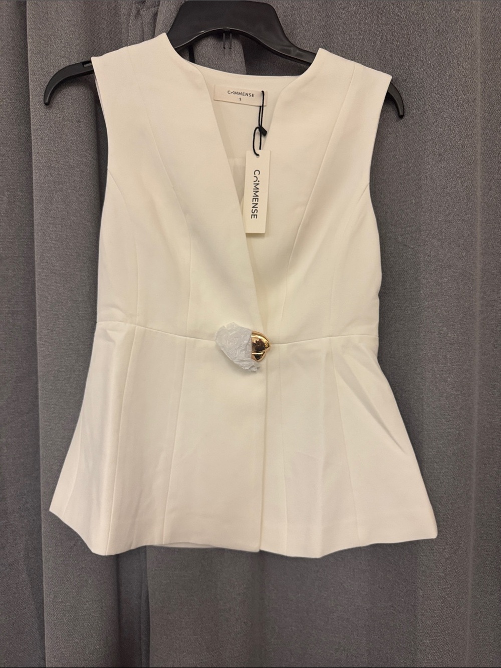 Commense White Sleeveless Peplum Top with Gold Accent